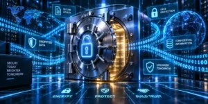 Futuristic digital vault surrounded by encrypted data streams
