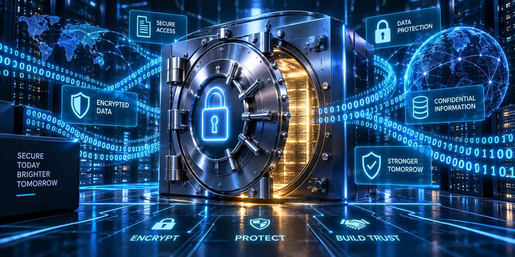 Futuristic digital vault surrounded by encrypted data streams