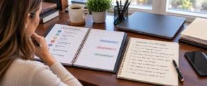 Client organizing questions about case timelines using a planner and legal documents before meeting an attorney.